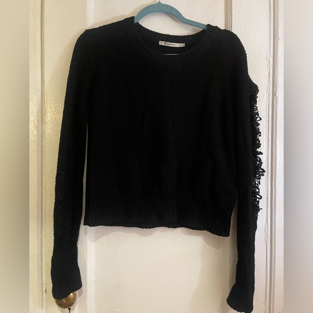 Alexander Wang Black Distressed Cropped Sweater.